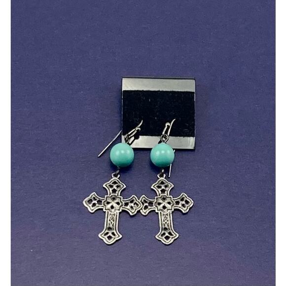 Waxing poetic Turquoise silver cross earrings - Picture 2 of 4